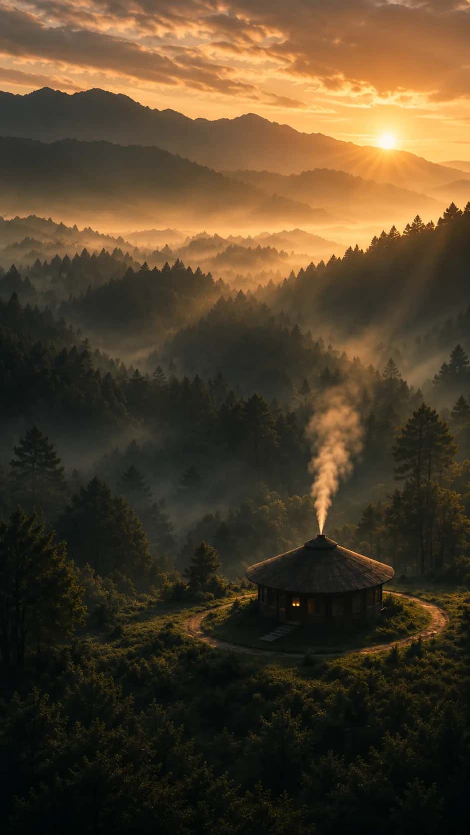 Casa de rezo entre montanhas e floresta ao amanhecer