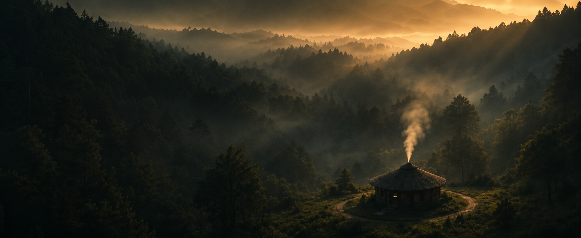 Casa de rezo entre montanhas e floresta ao amanhecer